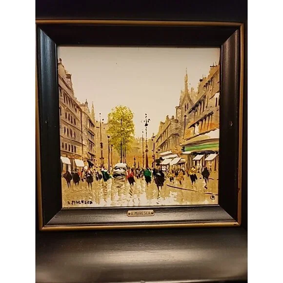 Lot of 2 "A Street in Paris" Paintings Oil Painted Tiles M. Maresca 1949. Set